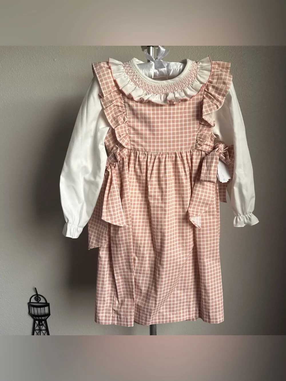 NWT Edgehill Collection Baby Girls Long Sleeve Check Side-Bow Dress Sz 6